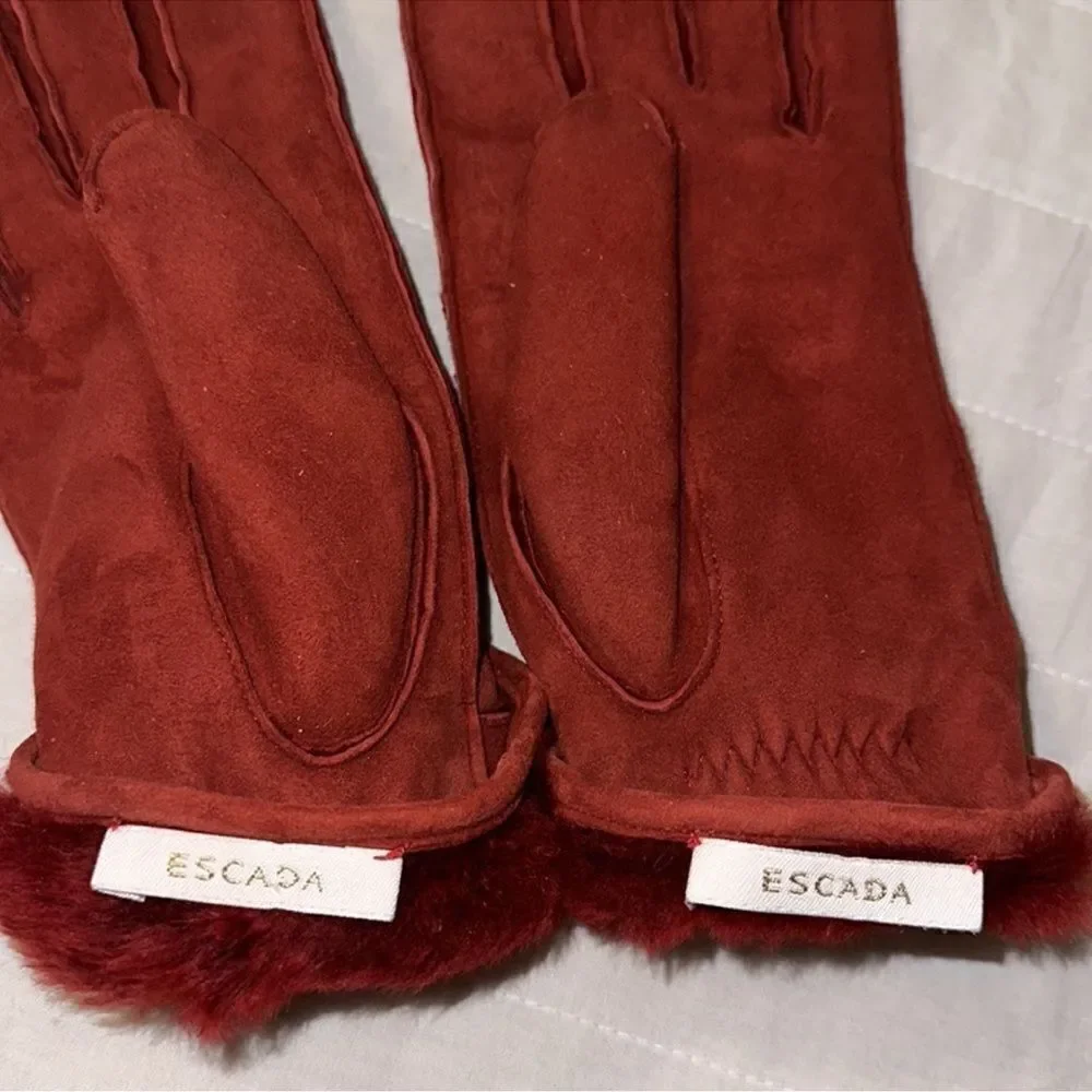 Escada OS Genuine Suede Leather Merlot Fur Lined Buckle Gloves